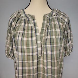 LOFT Sage Green Plaid Short Sleeve Peasant Blouse